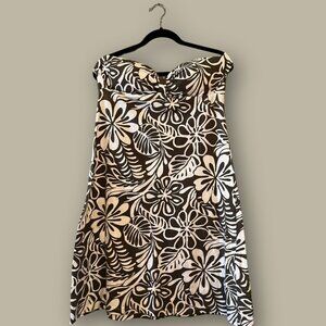 Tommy Bahama Strapless Dress Womens Large Brown White Floral Hawaiian Supima Cot